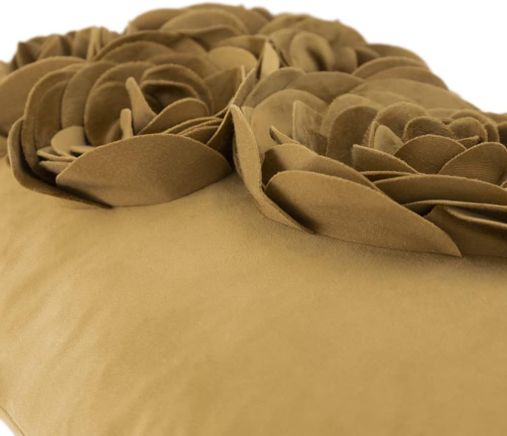 VG|golden-brown|3D Flower Throw Pillow Cover Handmade Floral Soft Velvet Lumbar Cushion for Bed Living Room Chair Couch Decor Gold