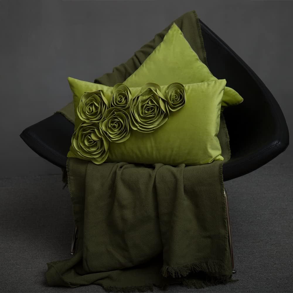 VG|green|3D Flower Throw Pillow Cover Handmade Floral Soft Velvet Lumbar Cushion for Bed Living Room Chair Couch Decor Gold