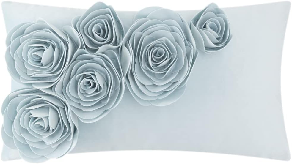VG|sky-blue|3D Flower Throw Pillow Cover Handmade Floral Soft Velvet Lumbar Cushion for Bed Living Room Chair Couch Decor Gold