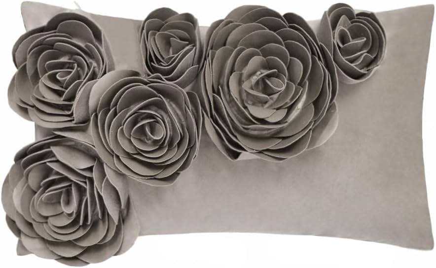 VG|taupe|3D Flower Throw Pillow Cover Handmade Floral Soft Velvet Lumbar Cushion for Bed Living Room Chair Couch Decor Gold