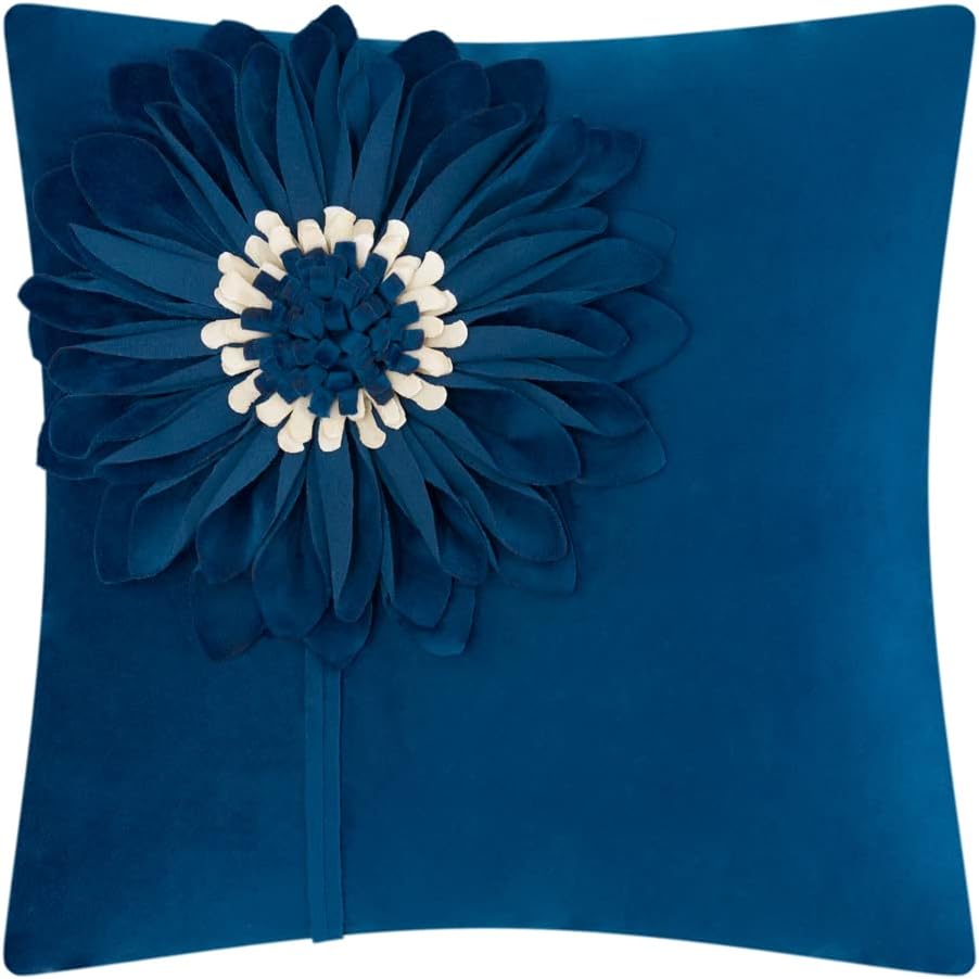 VG|navy-blue|Decorative Flower Throw Pillow Cover 3D Sunflower Pillow Case Velvet Cushion Floral Pillowcase for Bed Living Room Couch Chair