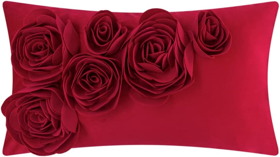3D Flower Throw Pillow Cover Handmade Floral Soft Velvet Lumbar Cushion for Bed Living Room Chair Couch Decor Gold - Red / 20" x 12" (Pack of 1)