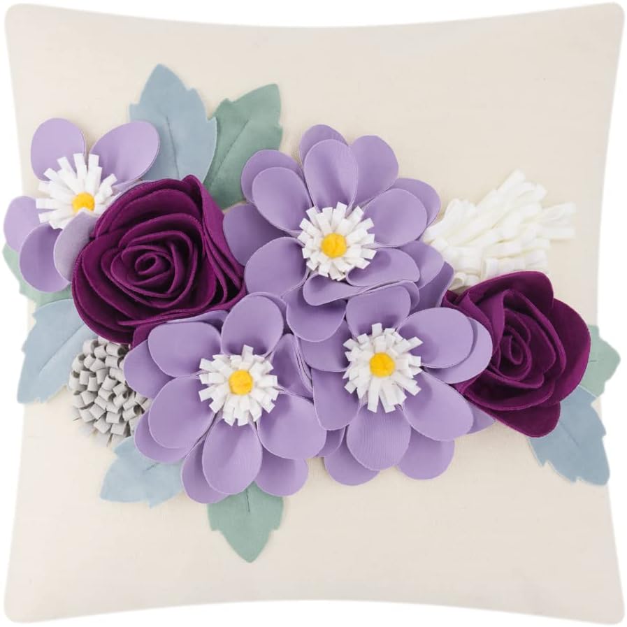 VG|purple|3D Flower Throw Pillow Cover Aesthetic Decorative Floral Accent Pillow Colorful Cushion for Bed Living Room Couch Office Decor Beige Green