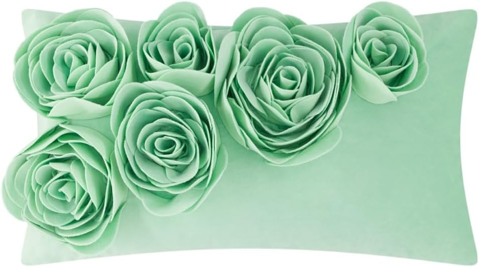 VG|mint-green|3D Flower Throw Pillow Cover Handmade Floral Soft Velvet Lumbar Cushion for Bed Living Room Chair Couch Decor Gold