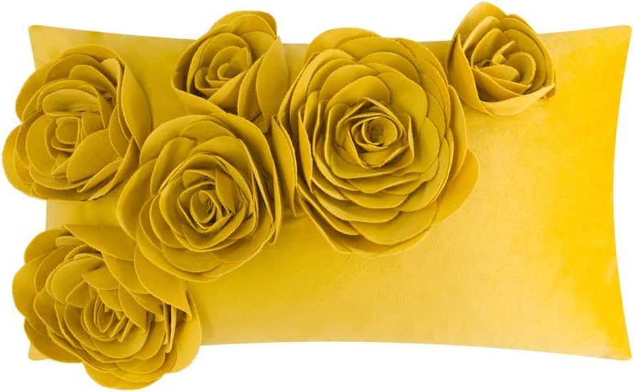 VG|yellow|3D Flower Throw Pillow Cover Handmade Floral Soft Velvet Lumbar Cushion for Bed Living Room Chair Couch Decor Gold