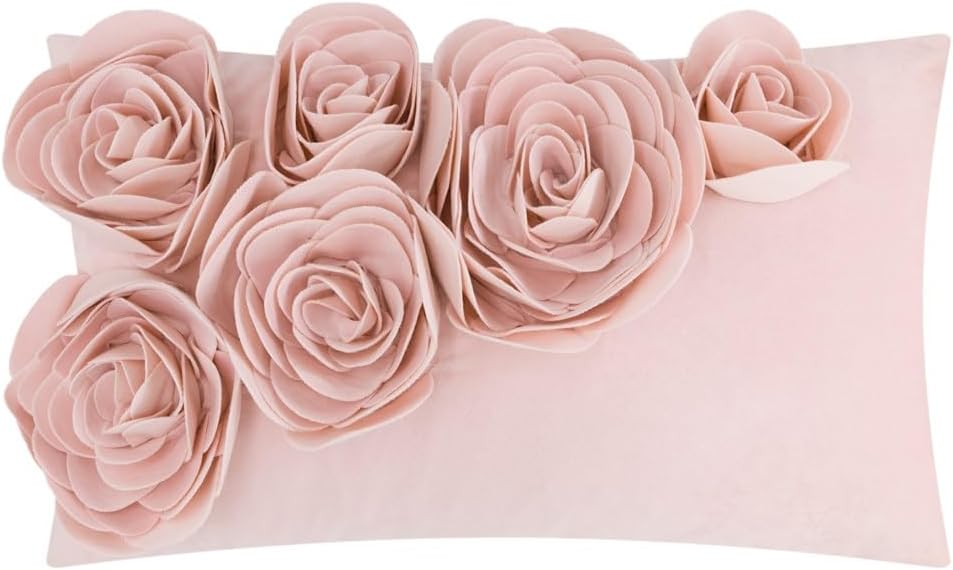 VG|light-pink|3D Flower Throw Pillow Cover Handmade Floral Soft Velvet Lumbar Cushion for Bed Living Room Chair Couch Decor Gold