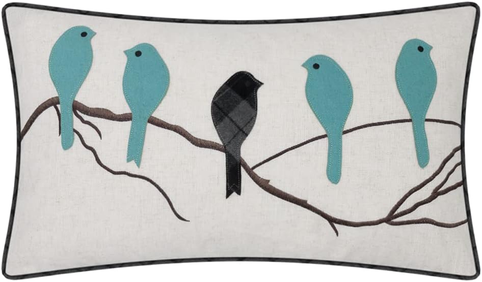VG|teal-blue-gray-plaid-birds-on-branch|Cute Birds Throw Pillow Cover Lumbar Accent Cushion Embroidered Pillowcase for Home Sofa Bed Living Room Dark Blue Orange Beige