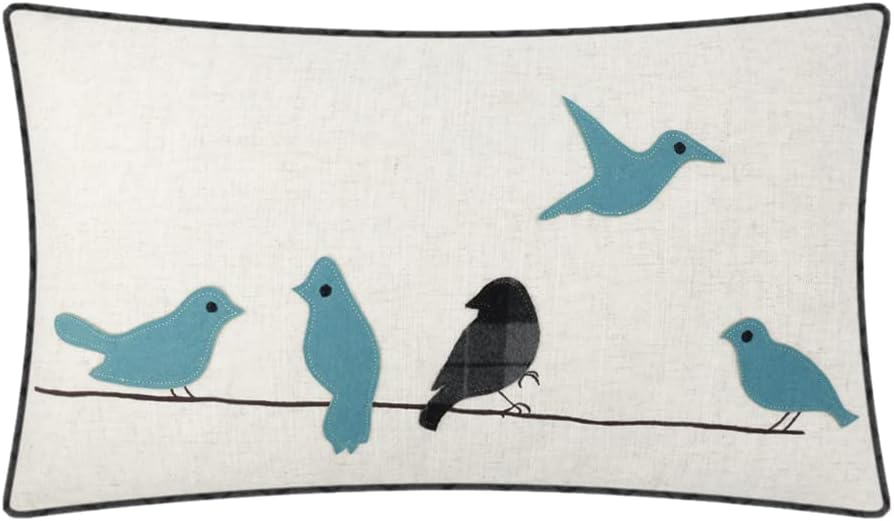 Cute Birds Throw Pillow Cover Lumbar Accent Cushion Embroidered Pillowcase for Home Sofa Bed Living Room Dark Blue Orange Beige - Teal Blue & Gray Plaid With Birds
