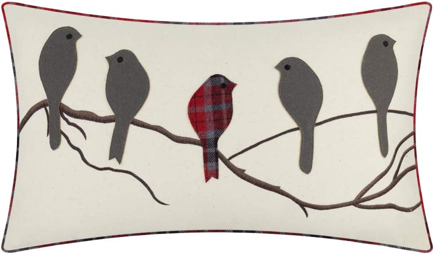 VG|light-gray-red-plaid-with-birds|Cute Birds Throw Pillow Cover Lumbar Accent Cushion Embroidered Pillowcase for Home Sofa Bed Living Room Dark Blue Orange Beige