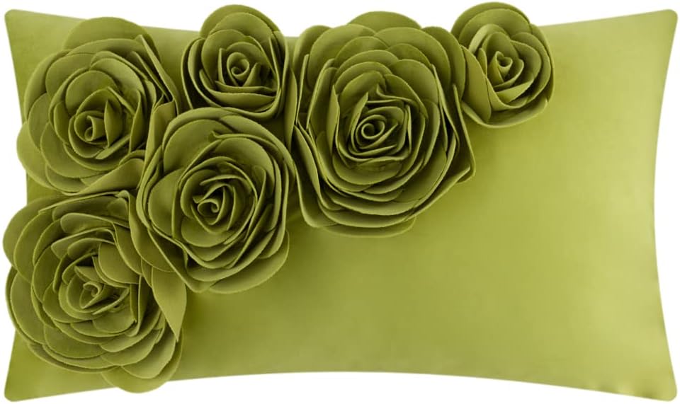 VG|green|3D Flower Throw Pillow Cover Handmade Floral Soft Velvet Lumbar Cushion for Bed Living Room Chair Couch Decor Gold