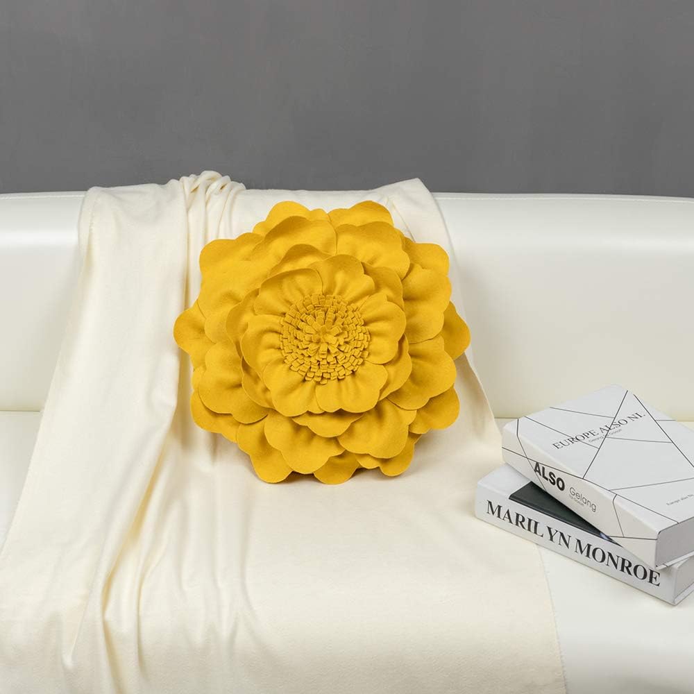 VG|yellow|Flower Throw Pillow Cover Decorative Round Pillowcase Floral Cushion for Bed Sofa Couch Car Decor