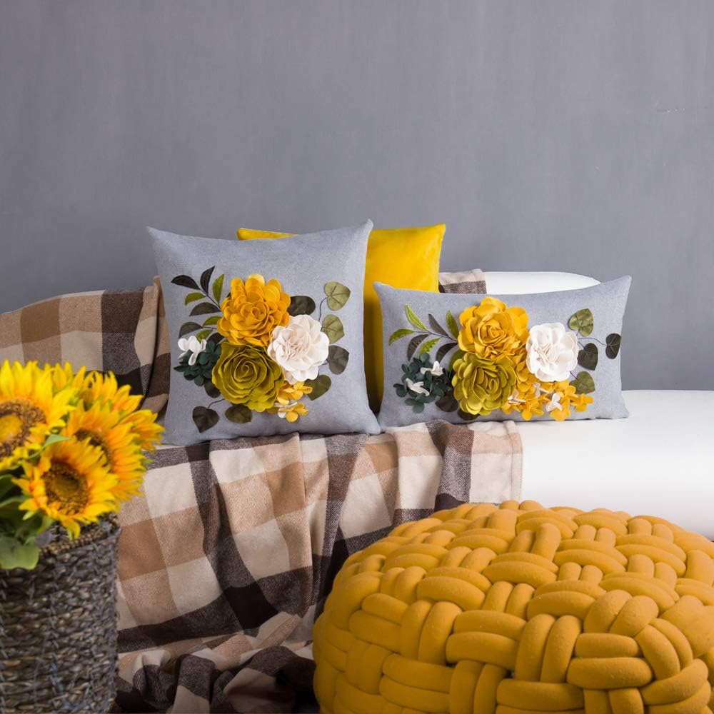 VG|yellow|Decorative 3D Flower Throw Pillow Cover Handmade Floral Accent Cushion Case for Living Room Sofa Couch Chair Gray