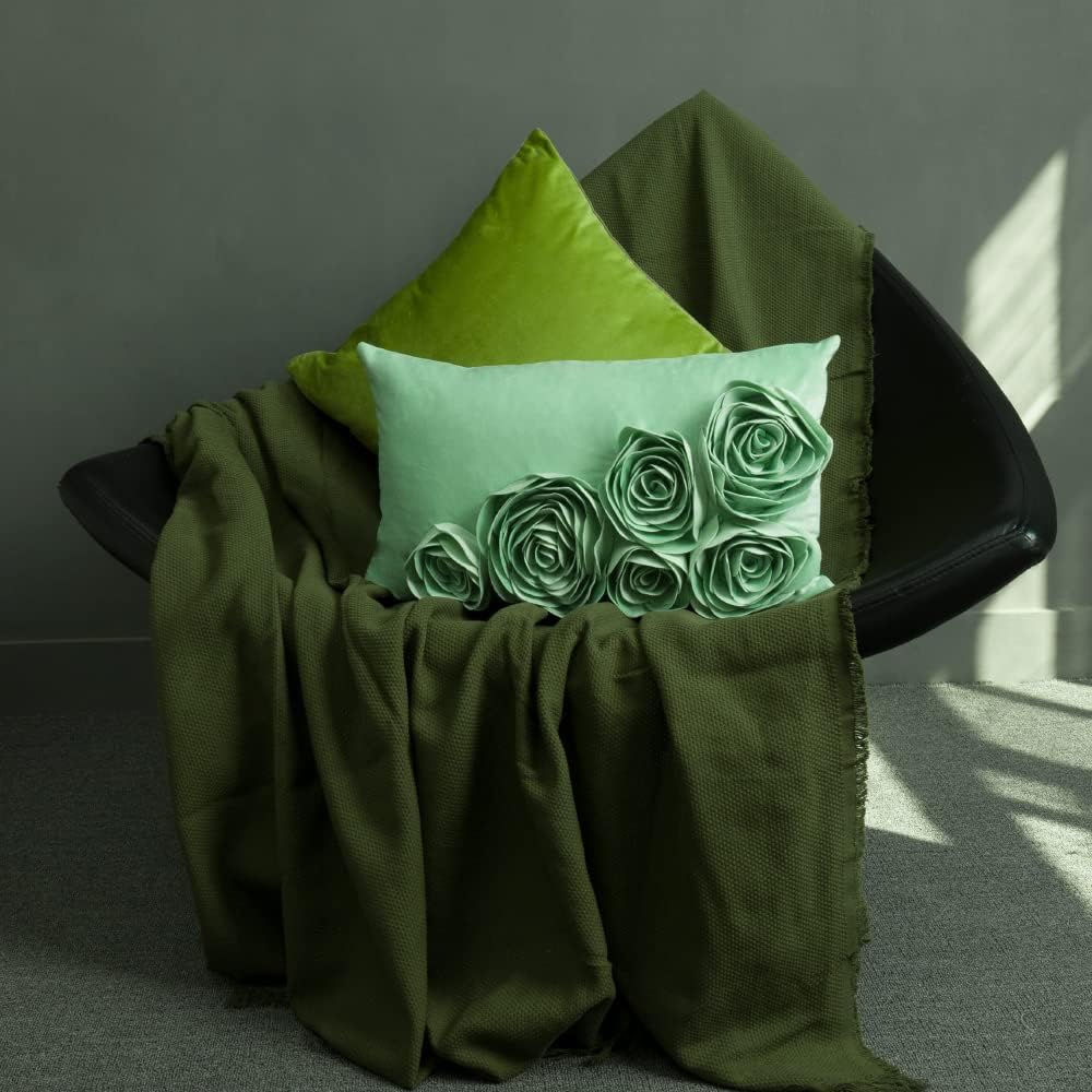 VG|mint-green|3D Flower Throw Pillow Cover Handmade Floral Soft Velvet Lumbar Cushion for Bed Living Room Chair Couch Decor Gold