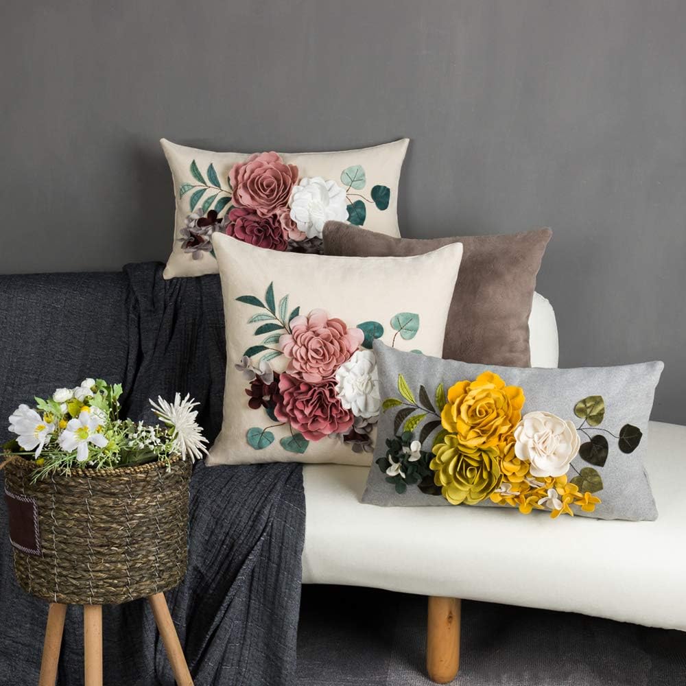 VG|pink|Decorative 3D Flower Throw Pillow Cover Handmade Floral Accent Cushion Case for Living Room Sofa Couch Chair Gray