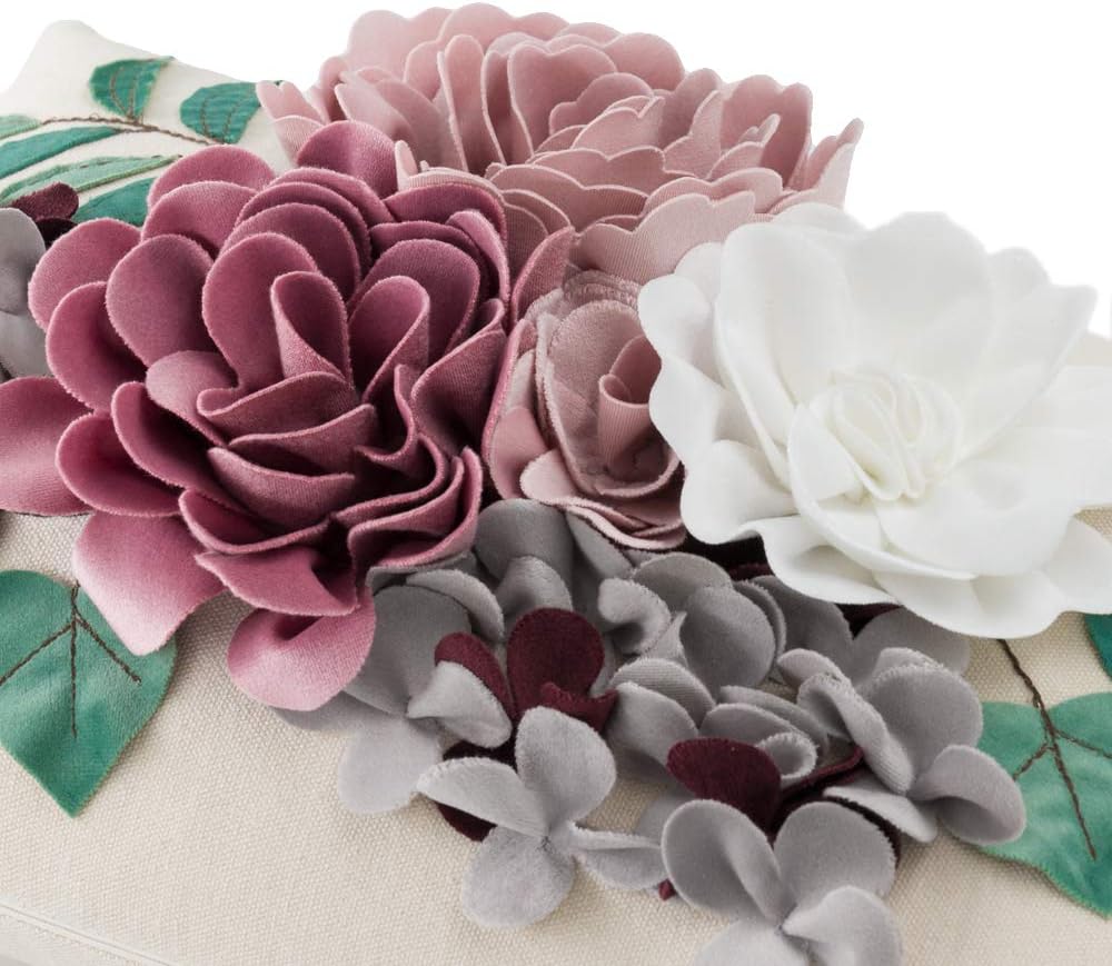 VG|pink|Decorative 3D Flower Throw Pillow Cover Handmade Floral Accent Cushion Case for Living Room Sofa Couch Chair Gray