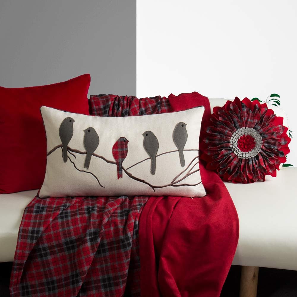 VG|light-gray-red-plaid-with-birds|Cute Birds Throw Pillow Cover Lumbar Accent Cushion Embroidered Pillowcase for Home Sofa Bed Living Room Dark Blue Orange Beige