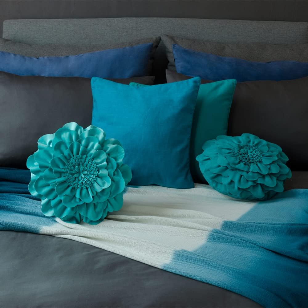 VG|cyan|Flower Throw Pillow Cover Decorative Round Pillowcase Floral Cushion for Bed Sofa Couch Car Decor