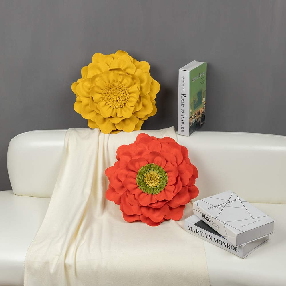 VG|yellow|Flower Throw Pillow Cover Decorative Round Pillowcase Floral Cushion for Bed Sofa Couch Car Decor