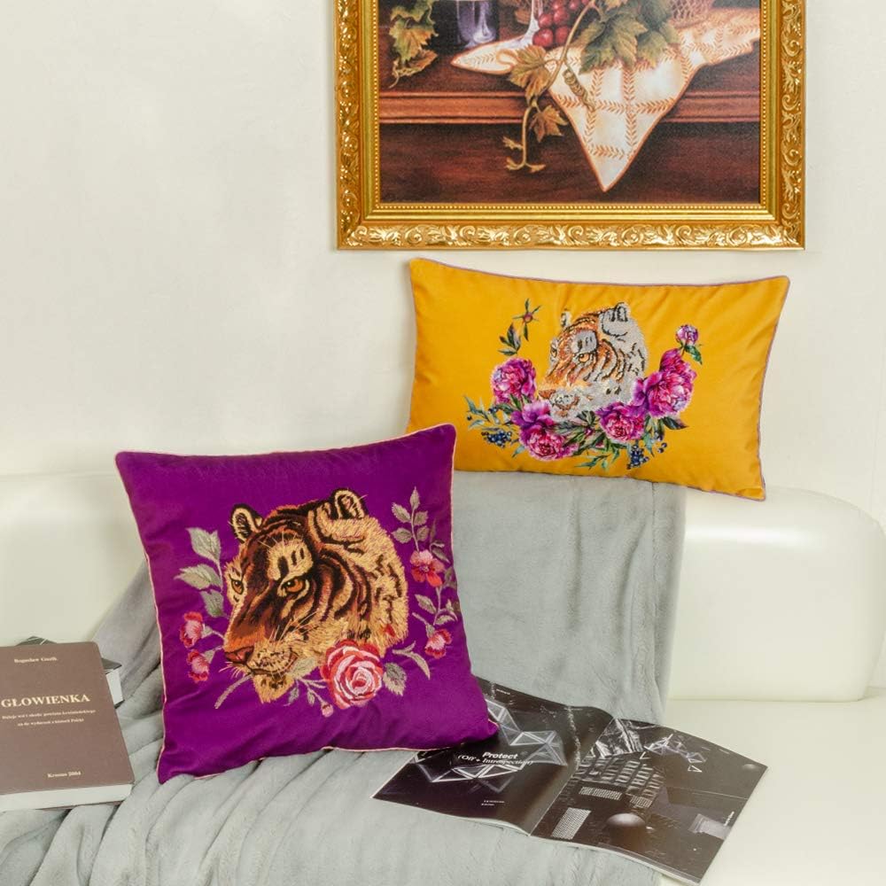 Embroidered Tiger Throw Pillow Cover Decorative Rose Pink Floral Cushion Case Soft Velvet Pillowcase for Sofa Couch Bed Living Room Fuchsia Purple