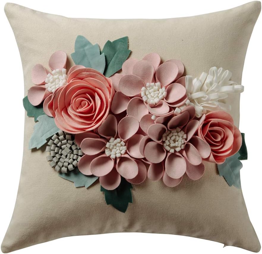 3D Flower Throw Pillow Cover Aesthetic Decorative Floral Accent Pillow Colorful Cushion for Bed Living Room Couch Office Decor Beige Green - Pink