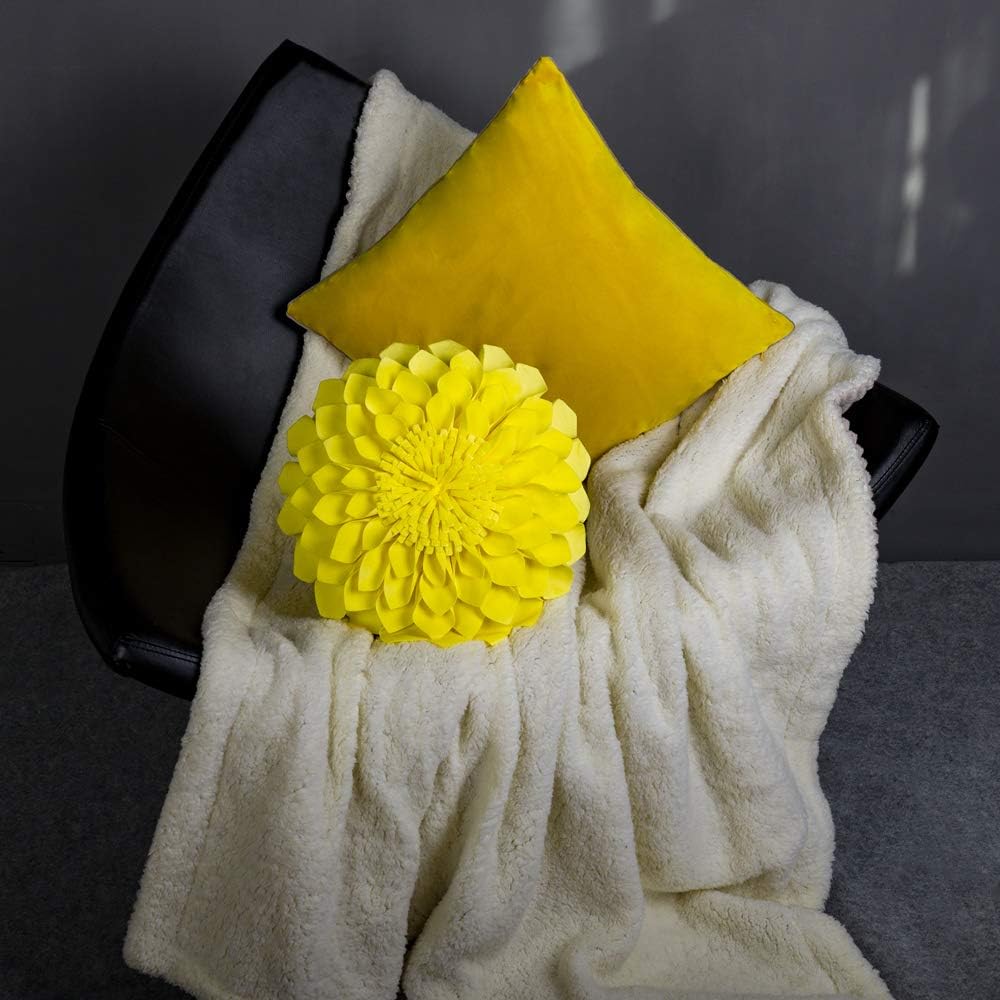 VG|light-yellow|3D Flower Throw Pillow Cover Decorative Round Cushion Floral Accent Pillowcase for Bedroom Living Room Bed Couch Pink Velvet