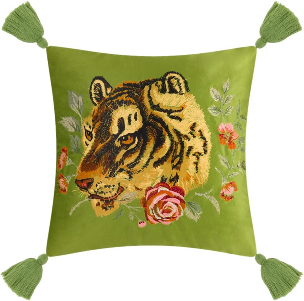 Tiger Velvet Throw Pillow Cover Decorative Flower Embroidered Accent Cushion Case Print Pillowcase for Bed Living Room Couch Bedroom Green Tassel - Default Title
