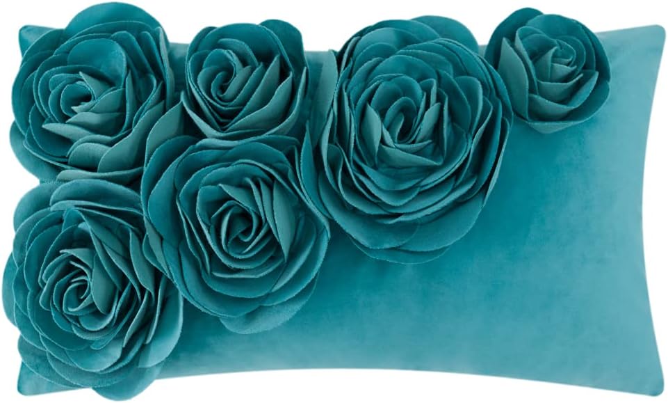VG|turquoise-blue|3D Flower Throw Pillow Cover Handmade Floral Soft Velvet Lumbar Cushion for Bed Living Room Chair Couch Decor Gold