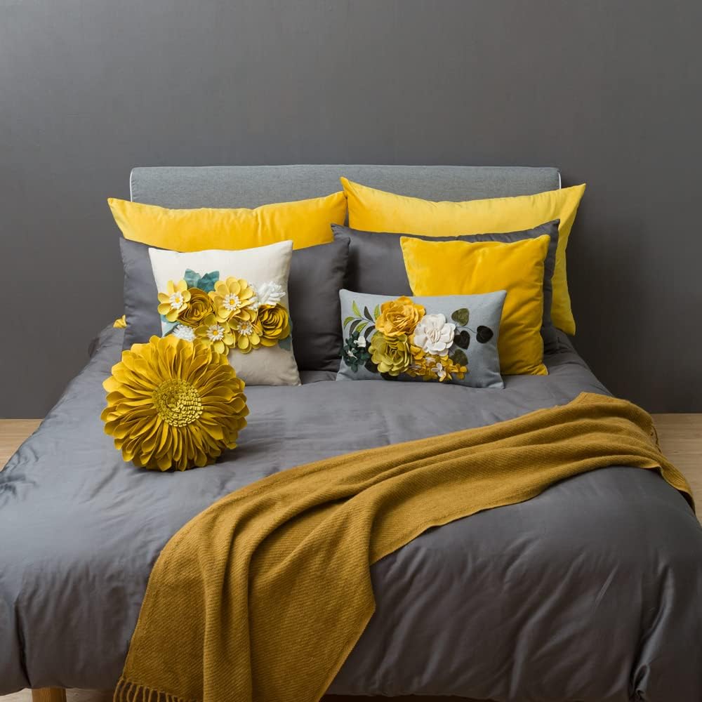 VG|yellow|Decorative 3D Flower Throw Pillow Cover Handmade Floral Accent Cushion Case for Living Room Sofa Couch Chair Gray