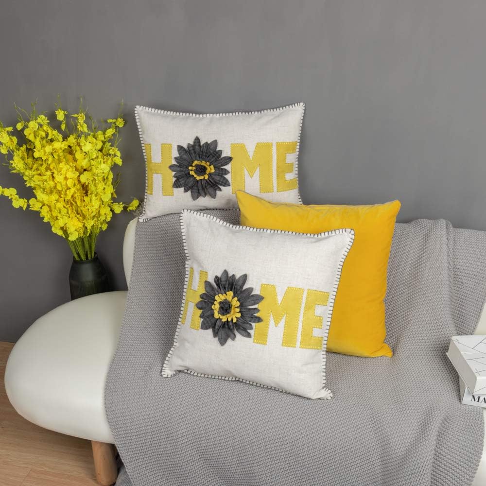 Home Flower Throw Pillow Cover, Beige Yellow Grey
