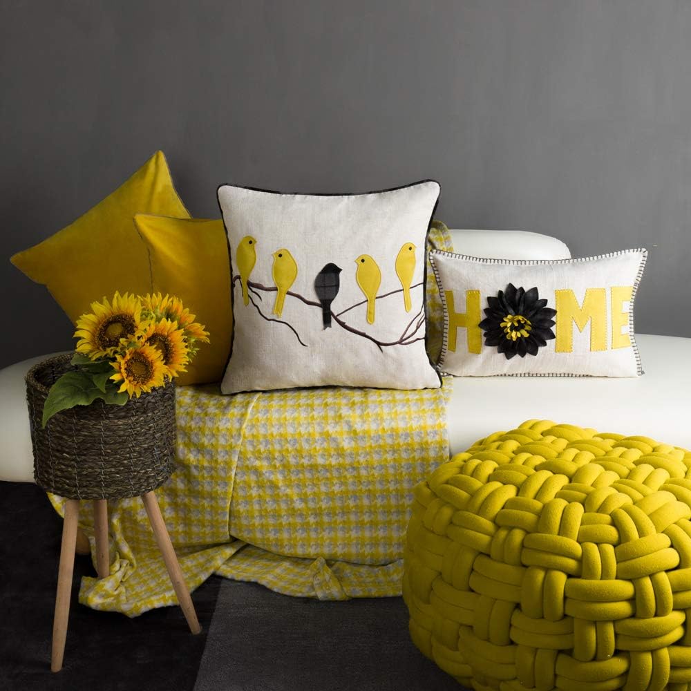 VG|yellow-gray-plaid-square-with-birds|Cute Birds Throw Pillow Cover Lumbar Accent Cushion Embroidered Pillowcase for Home Sofa Bed Living Room Dark Blue Orange Beige