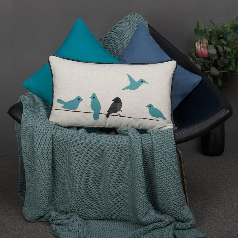 Cute Birds Throw Pillow Cover Lumbar Accent Cushion Embroidered Pillowcase for Home Sofa Bed Living Room Dark Blue Orange Beige
