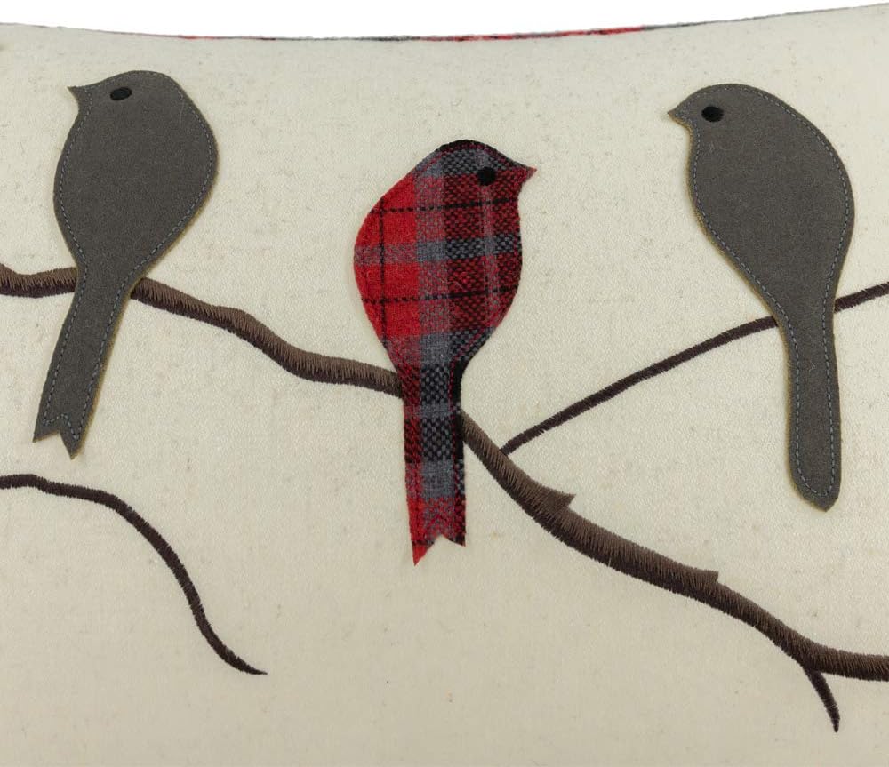 VG|light-gray-red-plaid-with-birds|Cute Birds Throw Pillow Cover Lumbar Accent Cushion Embroidered Pillowcase for Home Sofa Bed Living Room Dark Blue Orange Beige