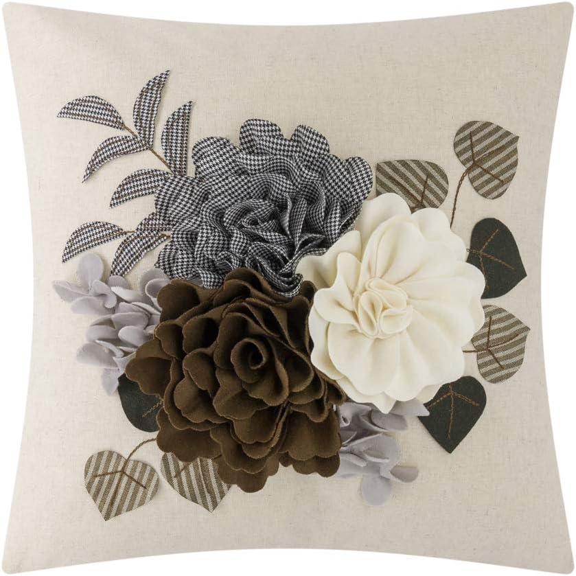 Decorative 3D Flower Throw Pillow Cover Handmade Floral Accent Cushion Case for Living Room Sofa Couch Chair Gray - Brown / 18" x 18" (Pack of 1)