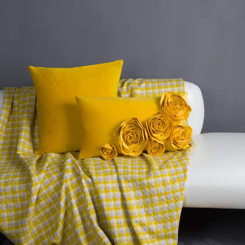 VG|yellow|3D Flower Throw Pillow Cover Handmade Floral Soft Velvet Lumbar Cushion for Bed Living Room Chair Couch Decor Gold