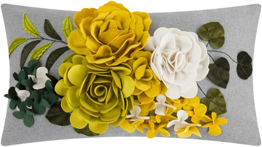 VG|yellow|Decorative 3D Flower Throw Pillow Cover Handmade Floral Accent Cushion Case for Living Room Sofa Couch Chair Gray