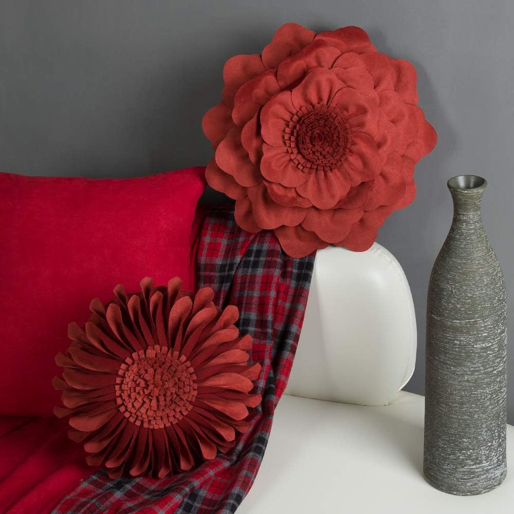 VG|rust-red|Flower Throw Pillow Cover Decorative Round Pillowcase Floral Cushion for Bed Sofa Couch Car Decor