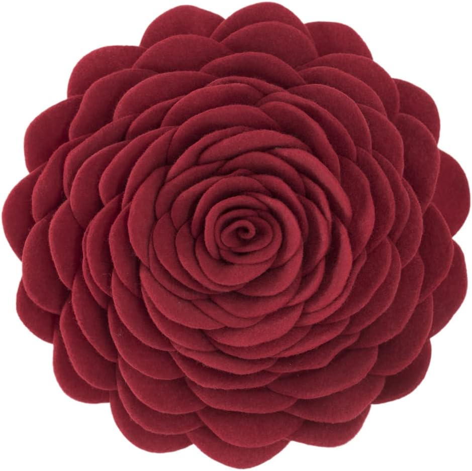 Handmade 3D Flower Throw Pillow Round Cushion - 14 Inches / Red