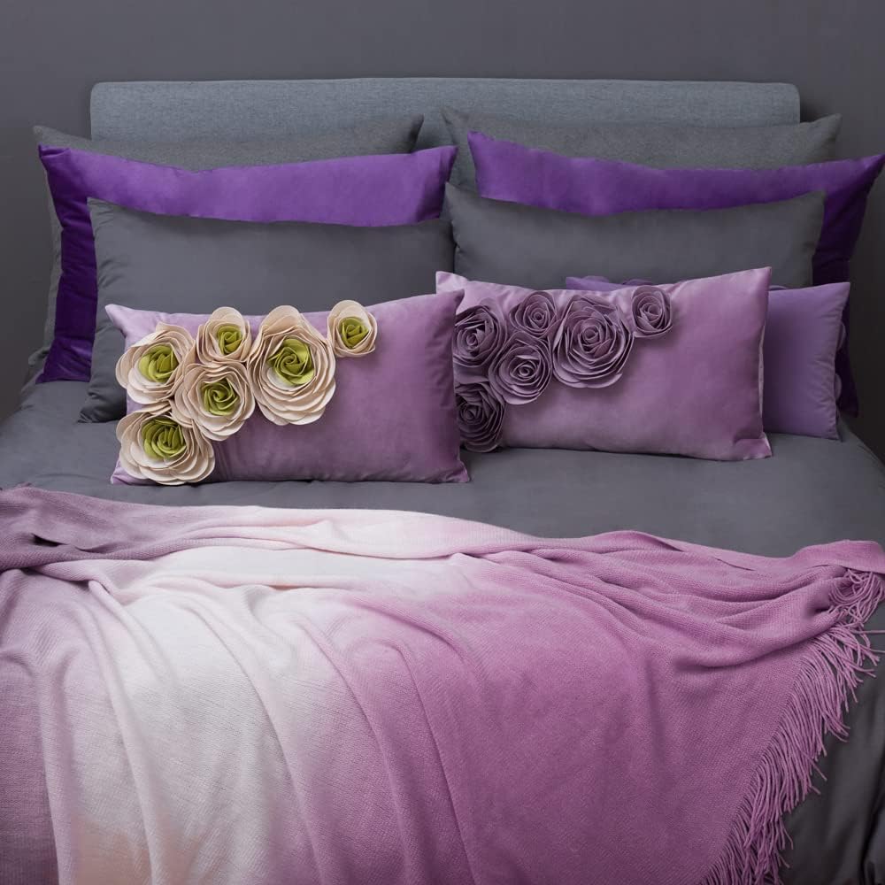 VG|purple|3D Flower Throw Pillow Cover Handmade Floral Soft Velvet Lumbar Cushion for Bed Living Room Chair Couch Decor Gold