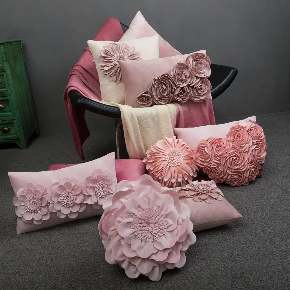 VG|rose-gold|3D Flower Throw Pillow Cover Handmade Floral Soft Velvet Lumbar Cushion for Bed Living Room Chair Couch Decor Gold