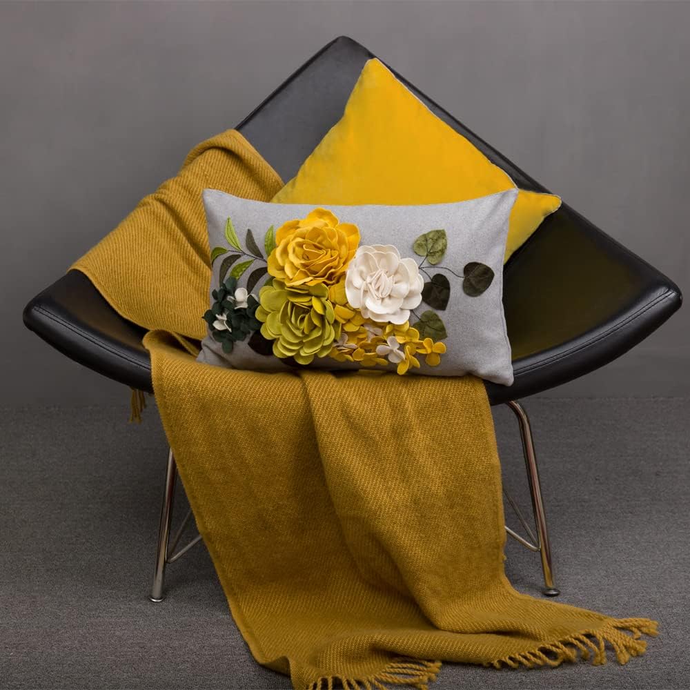 VG|yellow|Decorative 3D Flower Throw Pillow Cover Handmade Floral Accent Cushion Case for Living Room Sofa Couch Chair Gray