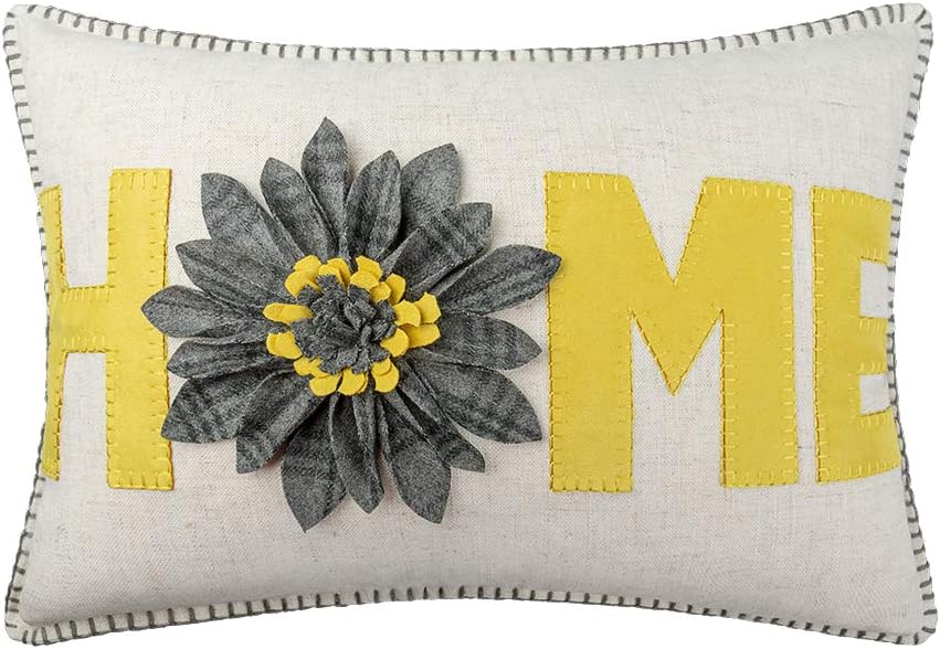 Home Flower Throw Pillow Cover, Beige Yellow Grey - A4 - Yellow Gray Plaid - Linen / 20" x 14" (Pack of 1)