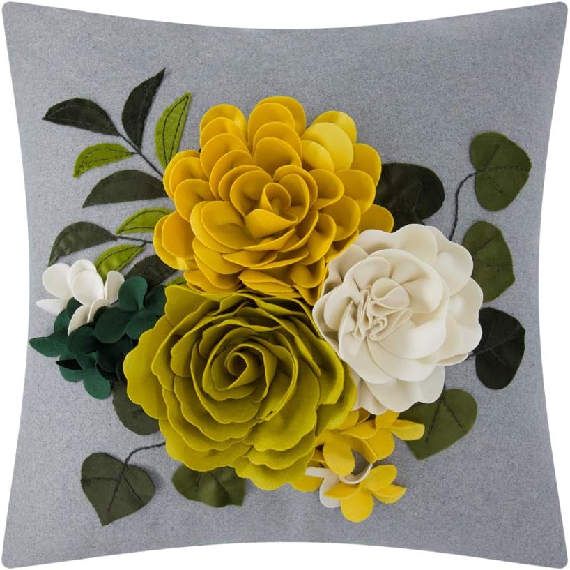 VG|yellow|Decorative 3D Flower Throw Pillow Cover Handmade Floral Accent Cushion Case for Living Room Sofa Couch Chair Gray