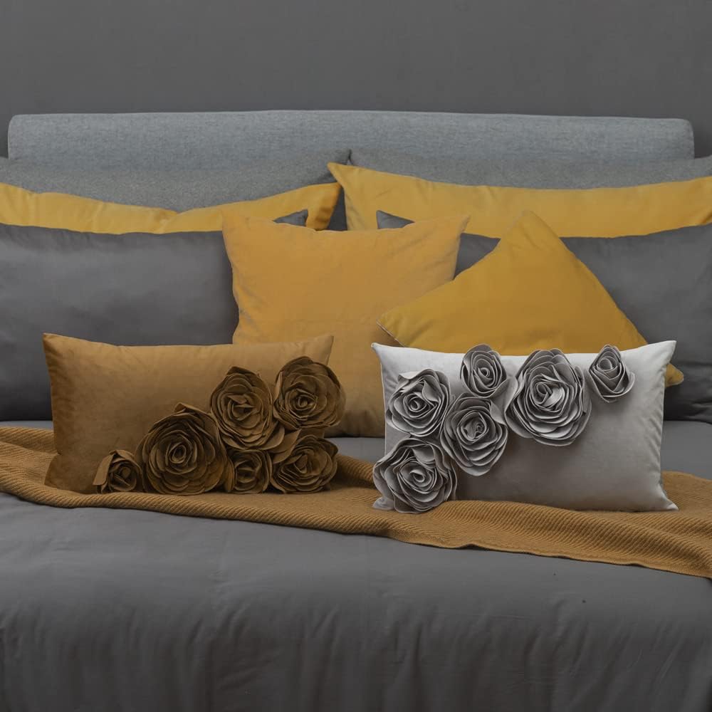 VG|golden-brown,gray|3D Flower Throw Pillow Cover Handmade Floral Soft Velvet Lumbar Cushion for Bed Living Room Chair Couch Decor Gold