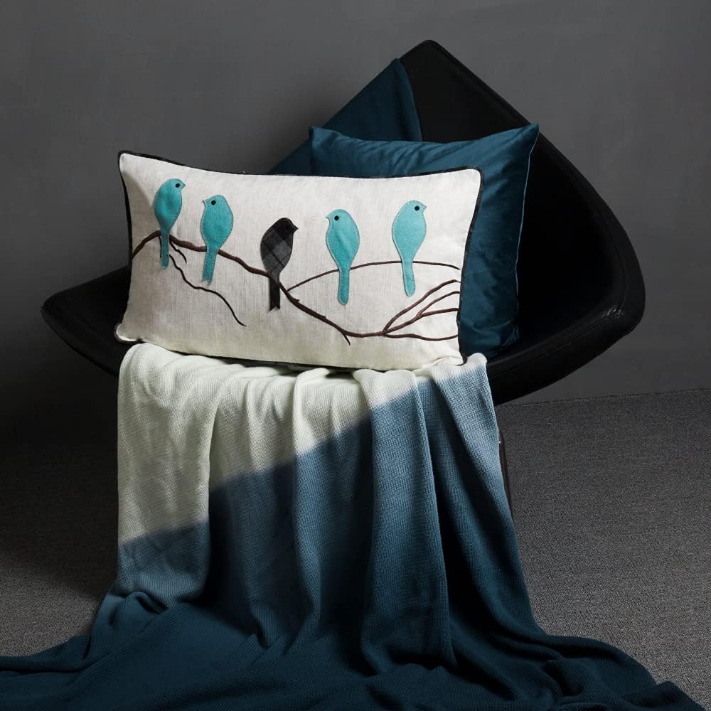 VG|teal-blue-gray-plaid-birds-on-branch|Cute Birds Throw Pillow Cover Lumbar Accent Cushion Embroidered Pillowcase for Home Sofa Bed Living Room Dark Blue Orange Beige