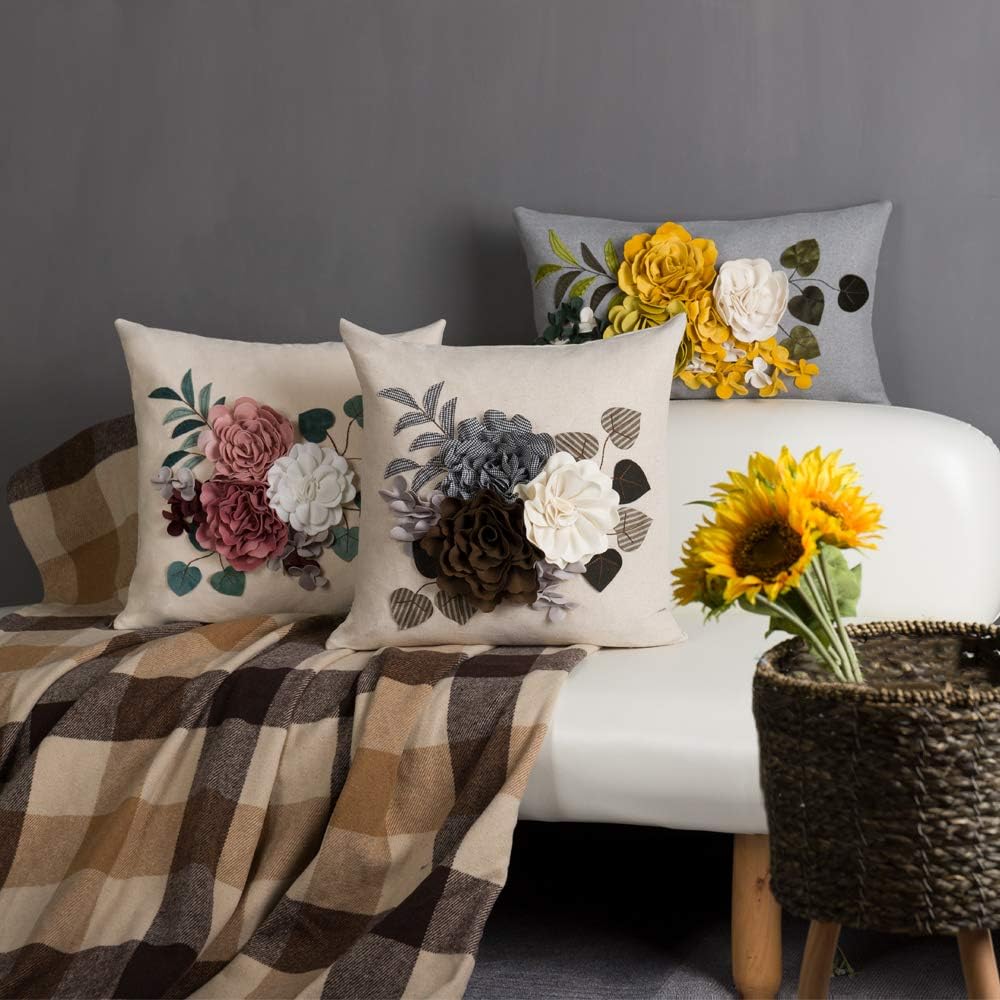 Decorative 3D Flower Throw Pillow Cover Handmade Floral Accent Cushion Case for Living Room Sofa Couch Chair Gray