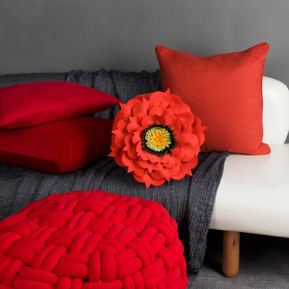 VG|reddish-orange|3D Flower Decorative Throw Pillow Accent Handmade Round Pillow Cushion with Insert for Home Couch Bedroom Decor
