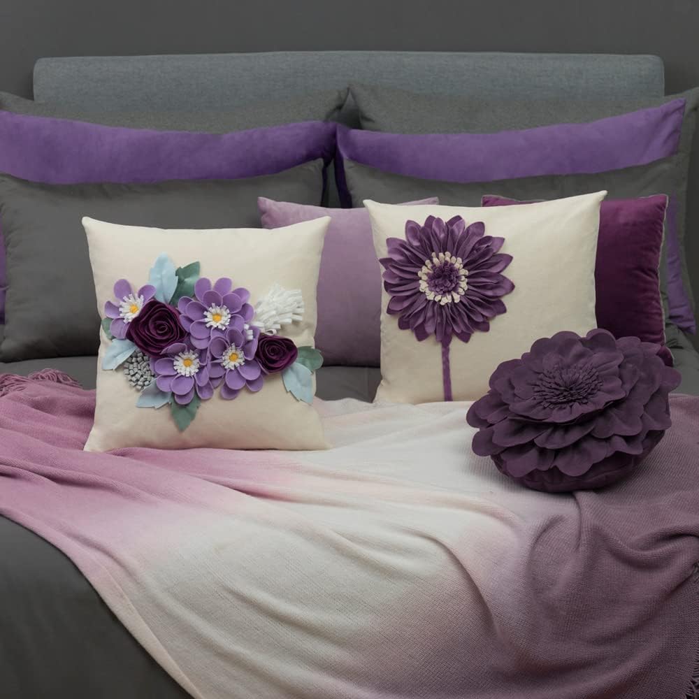 VG|purple|3D Flower Throw Pillow Cover Aesthetic Decorative Floral Accent Pillow Colorful Cushion for Bed Living Room Couch Office Decor Beige Green