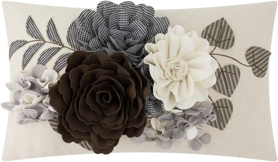 VG|brown|Decorative 3D Flower Throw Pillow Cover Handmade Floral Accent Cushion Case for Living Room Sofa Couch Chair Gray