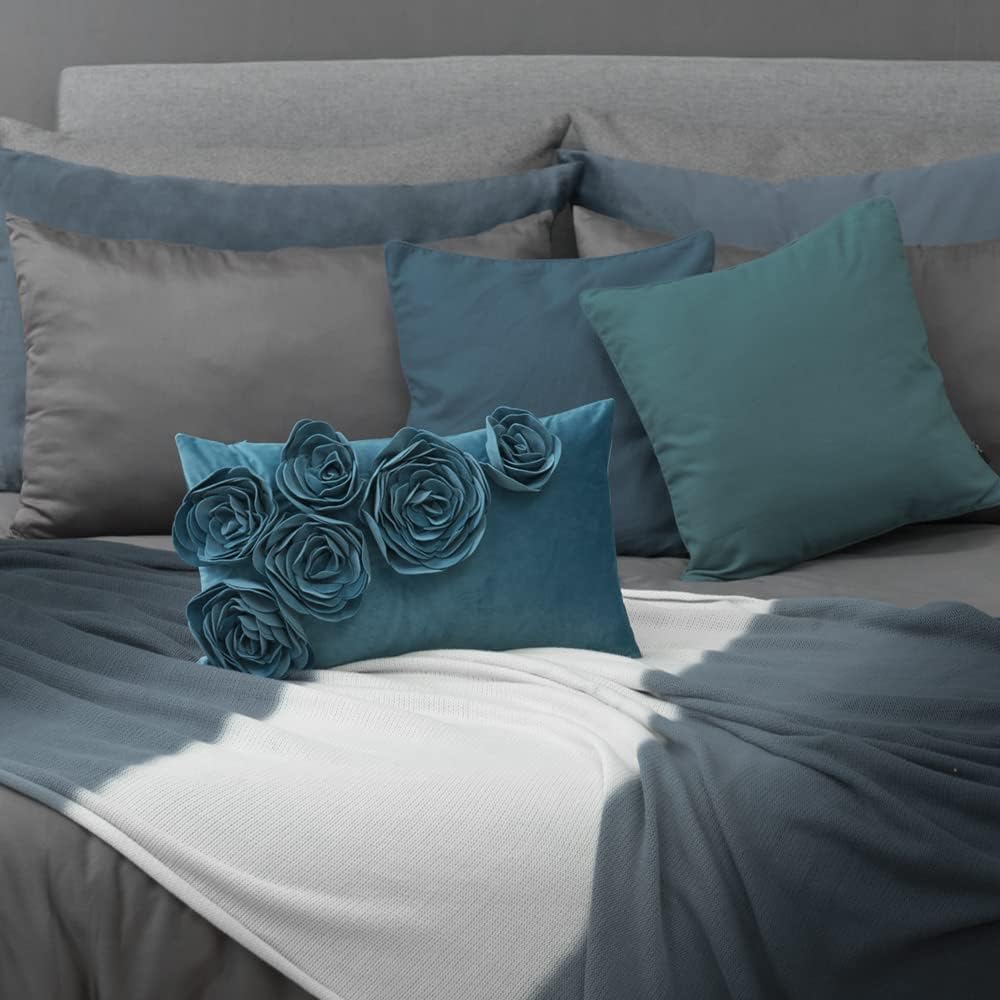 VG|turquoise-blue|3D Flower Throw Pillow Cover Handmade Floral Soft Velvet Lumbar Cushion for Bed Living Room Chair Couch Decor Gold