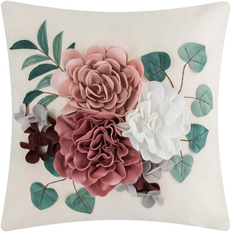VG|pink|Decorative 3D Flower Throw Pillow Cover Handmade Floral Accent Cushion Case for Living Room Sofa Couch Chair Gray